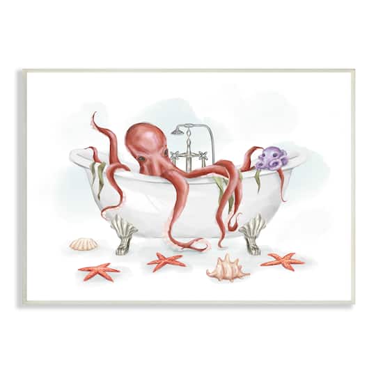 Stupell Industries Red Octopus Nautical Claw Bath Sea Shells Wall Plaque